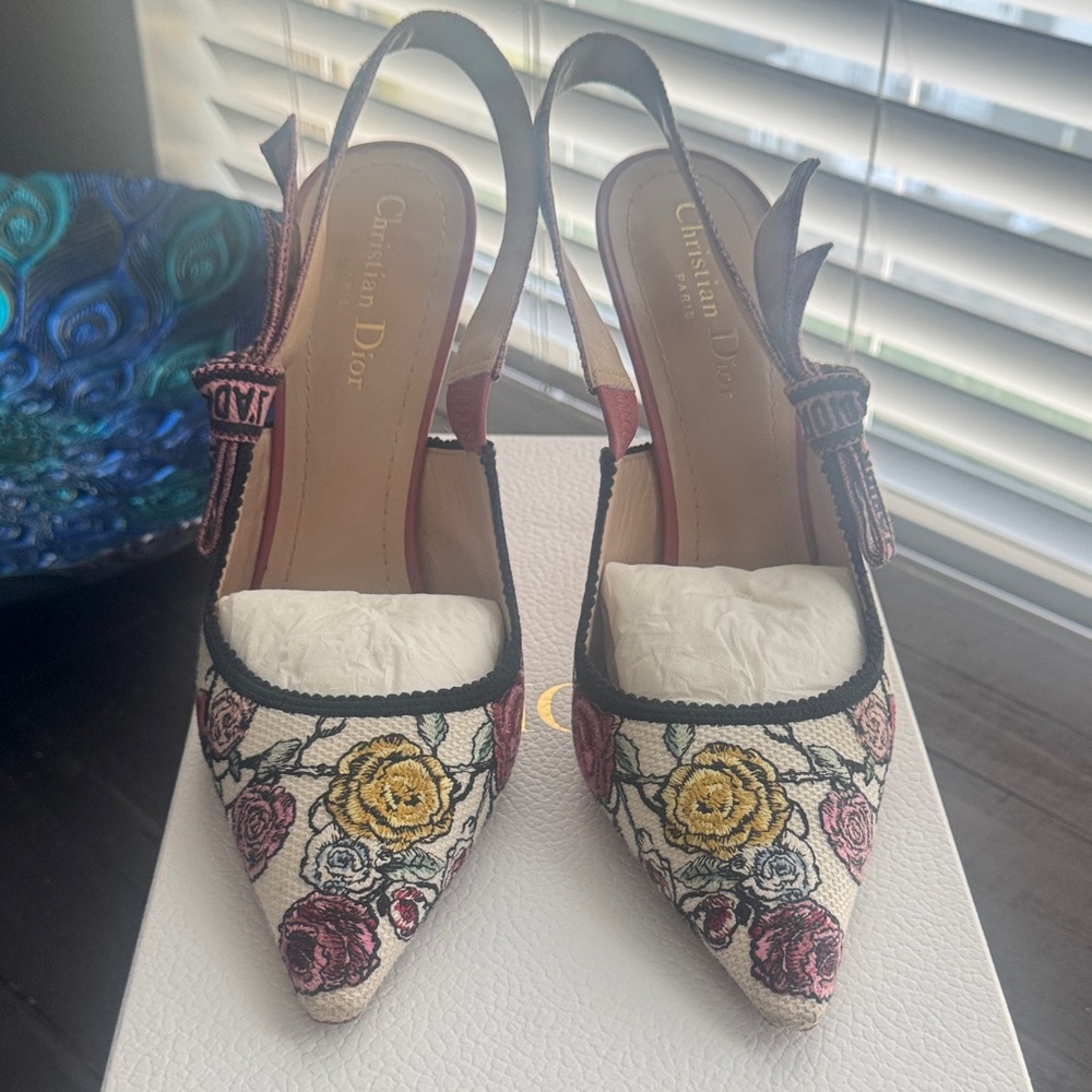 Dior Women's Floral Embroidered Slingback Heels - Yellow, Pink, Black